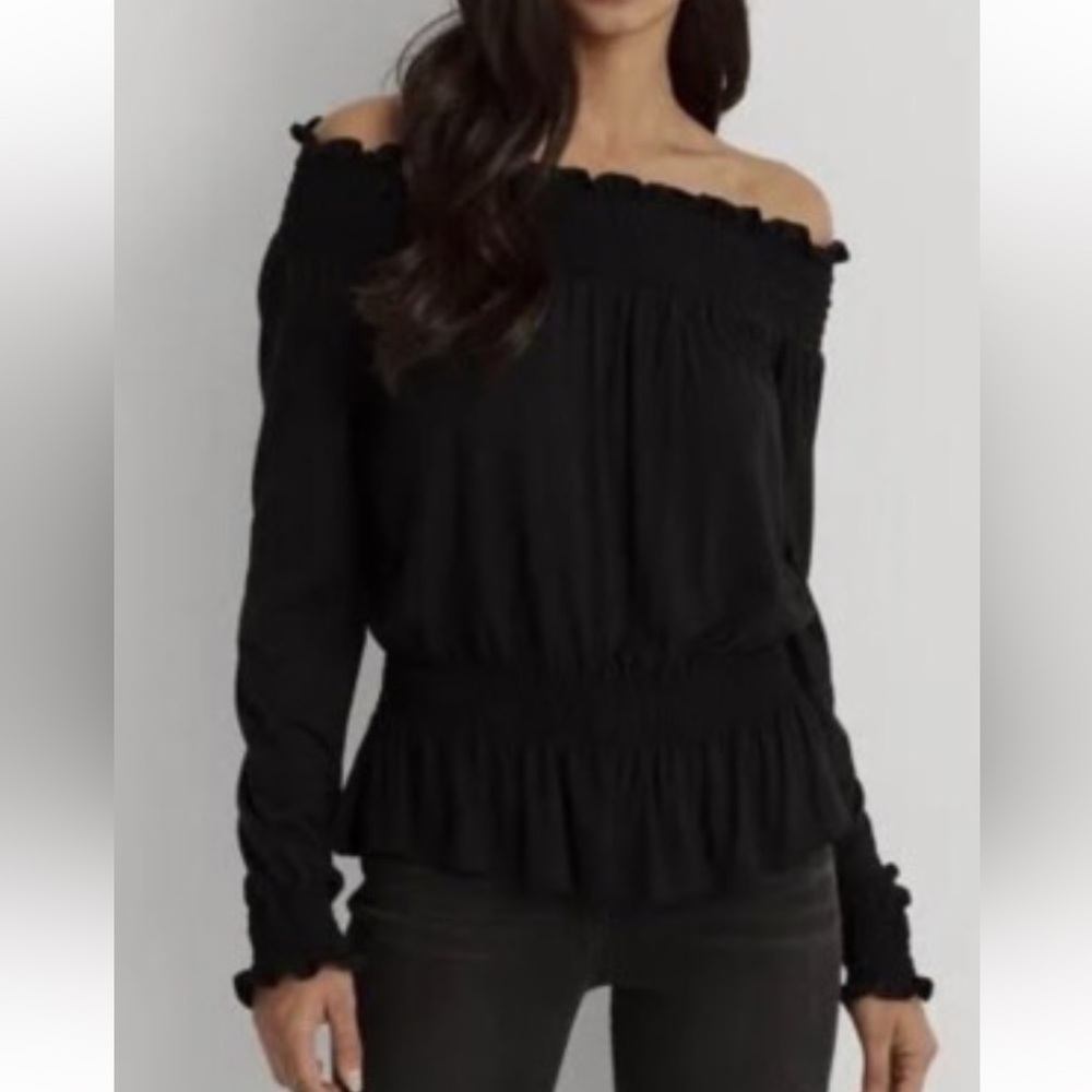 Ralph Lauren Women’s Blouse Long Sleeve Off-The Shoulder Black Petite Small
